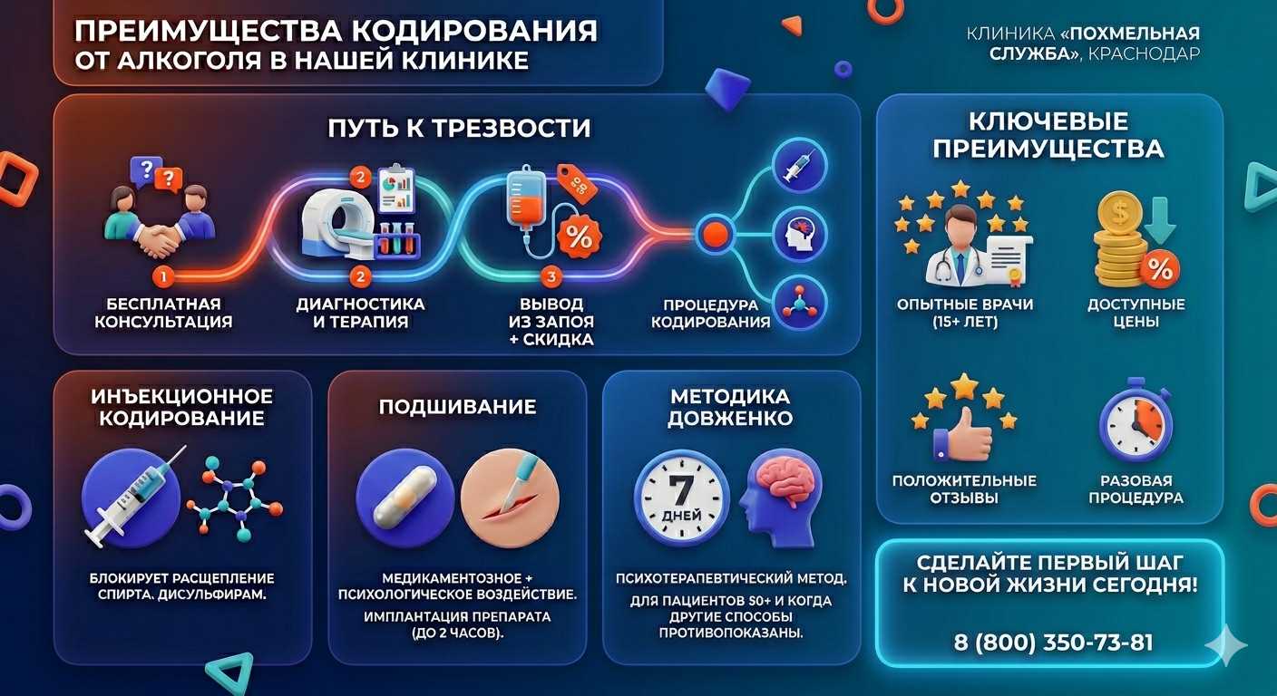 Инфографика о методах кодирования от алкоголя в Чехове: инъекции, подшивание, метод Довженко. Преимущества клиники и этапы лечения.