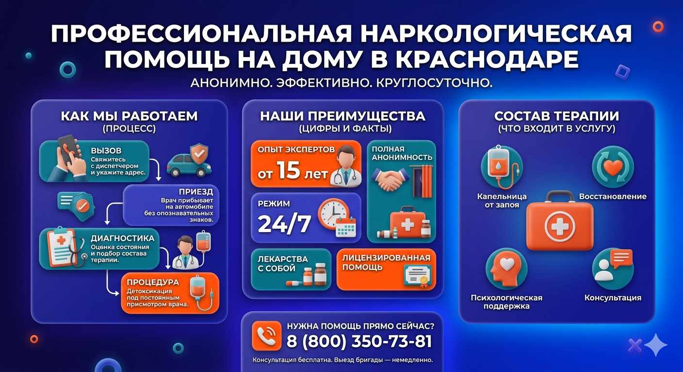 Инфографика о принципах лечения алкоголизма на дому в Чехове: этапы вызова нарколога, преимущества анонимной детоксикации и состав медицинской помощи.